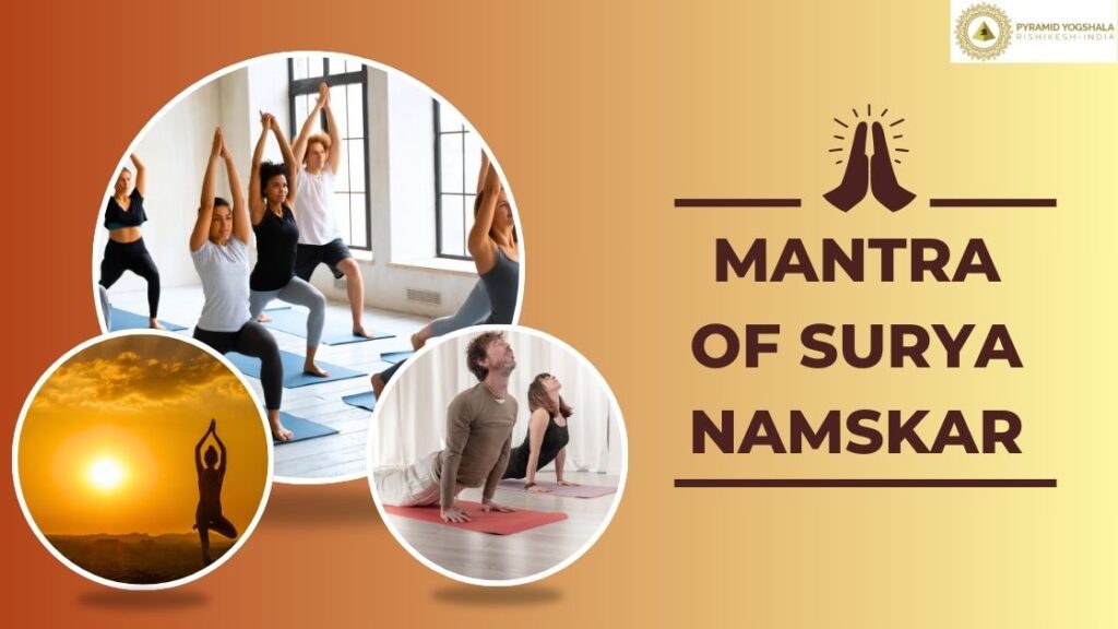 People practicing yoga poses with the text 'Mantra of Surya Namaskar' and images of a sunrise and a yoga stretch.