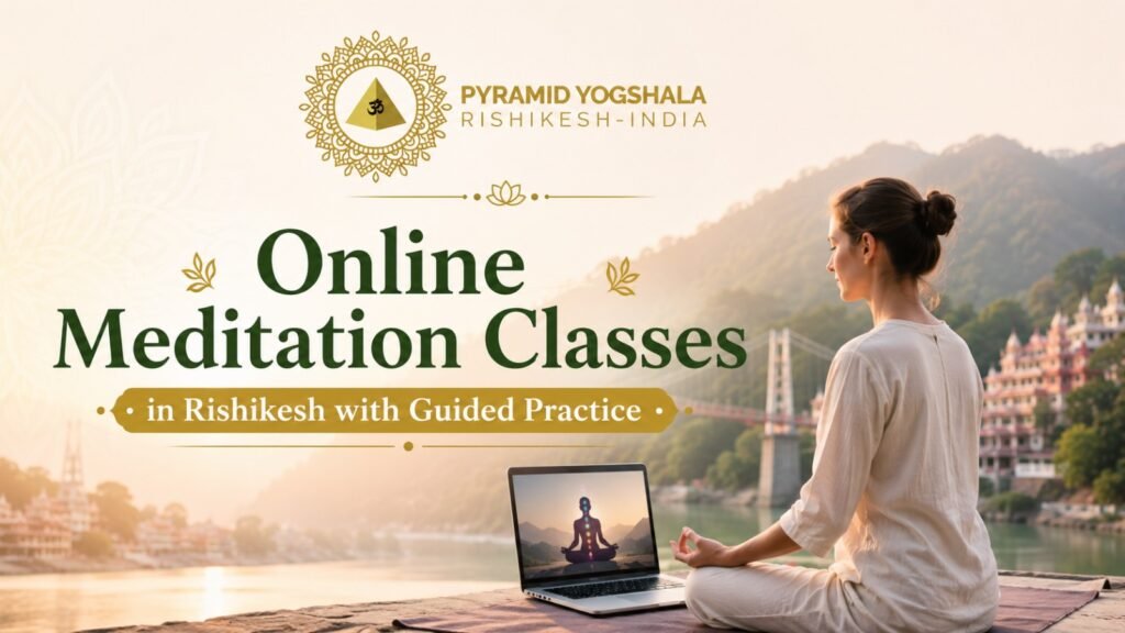 A person attending an online guided meditation class on a laptop while meditating by the Ganges River in Rishikesh with the Laxman Jhula bridge in the background.