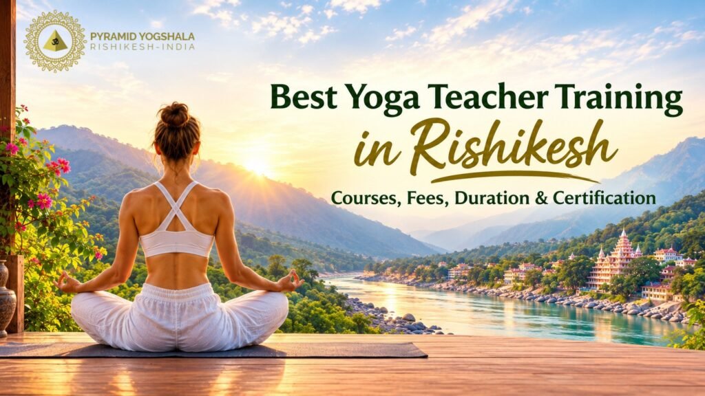 Yoga teacher training in Rishikesh with a practitioner meditating beside the Ganges, surrounded by Himalayan mountains and a peaceful natural setting.